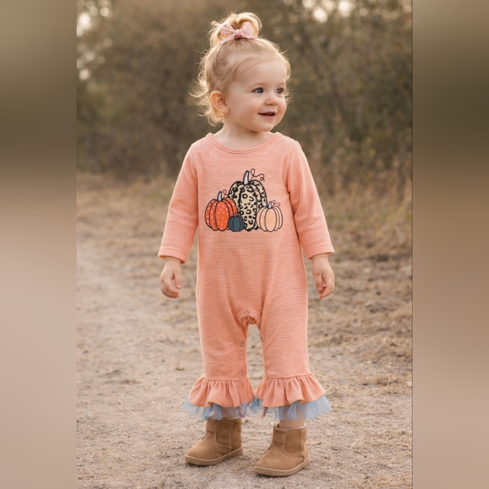 #1864 Boutique Peach Striped Pumpkin Print Kids Romper With Tulle Sz 6m